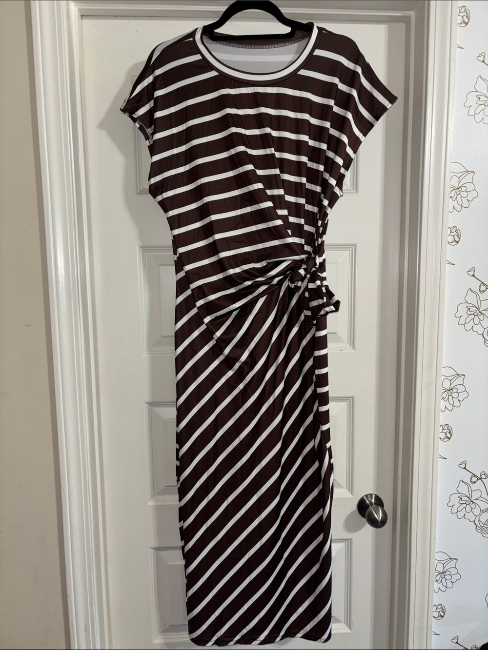 Striped Twist Waist Brown & White Midi Dress